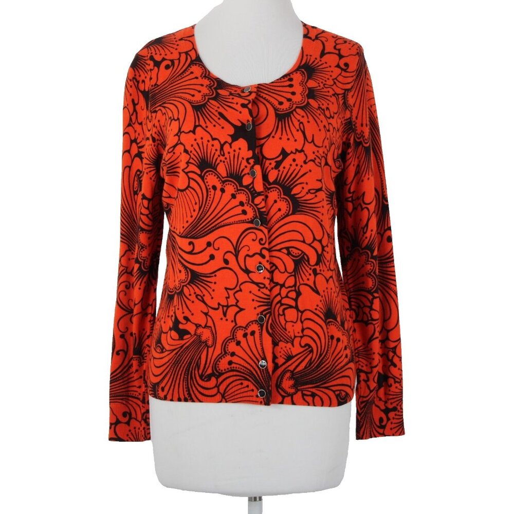 Talbots Sz LP Reddish Orange Black Button Round Neck Cotton Cardigan Sweater